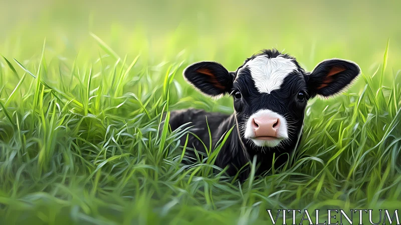 Calf in Lush Green Grass AI Image