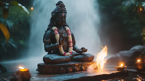 Meditative Statue with Waterfall Backdrop