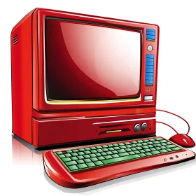 Retro Red Computer with Matching Keyboard and Mouse