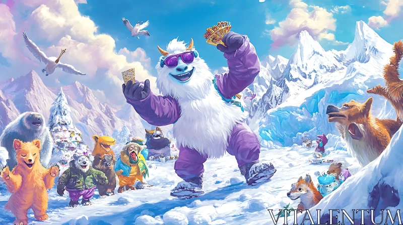 AI ART Cartoon Animals Celebrate with Yeti