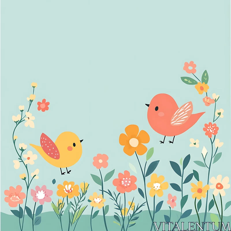 Whimsical Bird and Floral Spring Design AI Image