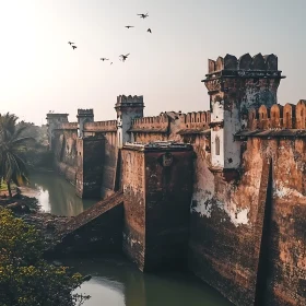 Historical Fortress with Moat and Birds