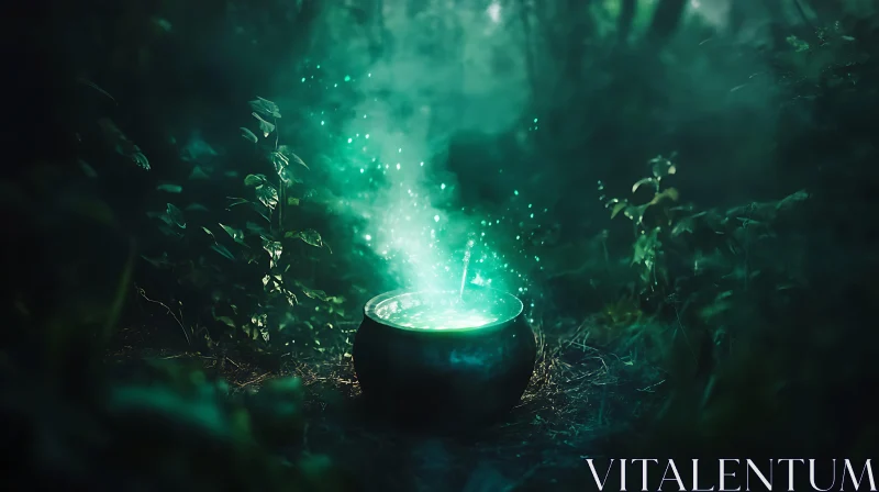 AI ART Glowing Potion in Forest Cauldron