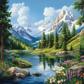 Serene Mountain and River Scene with Blossoming Flowers
