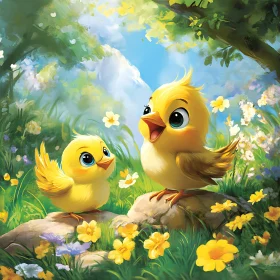 Delightful Chicks Amidst Blossoms