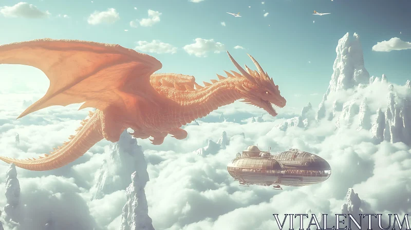 AI ART Fantastic Flight of Dragon and Airship