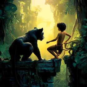 Boy and Panther in Jungle