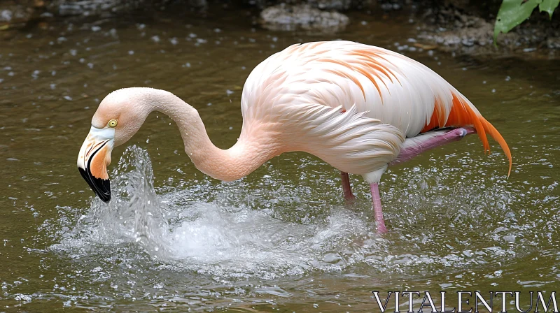 Pink Flamingo Bathing in Lake AI Image