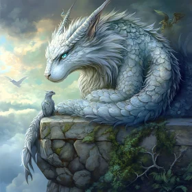 Dragon and Bird on Stone Cliff