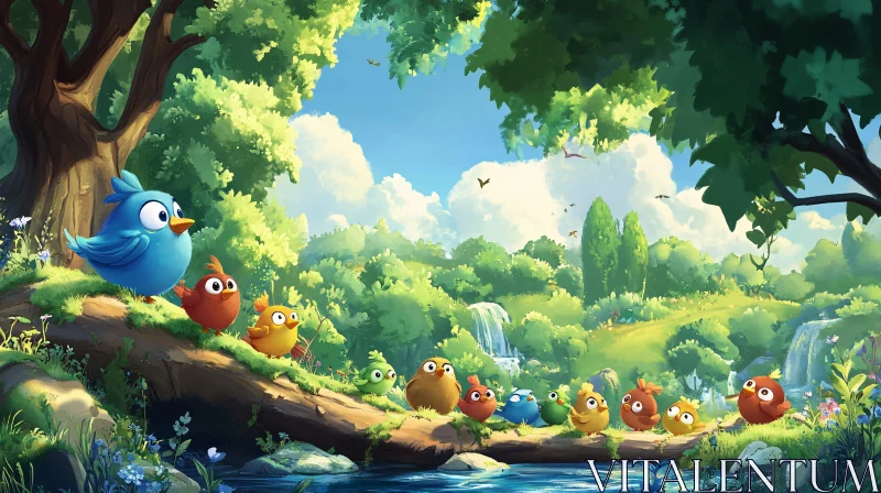 Cartoon Birds in Forest Landscape AI Image