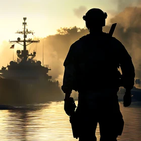 Silhouette of a Soldier on Warship