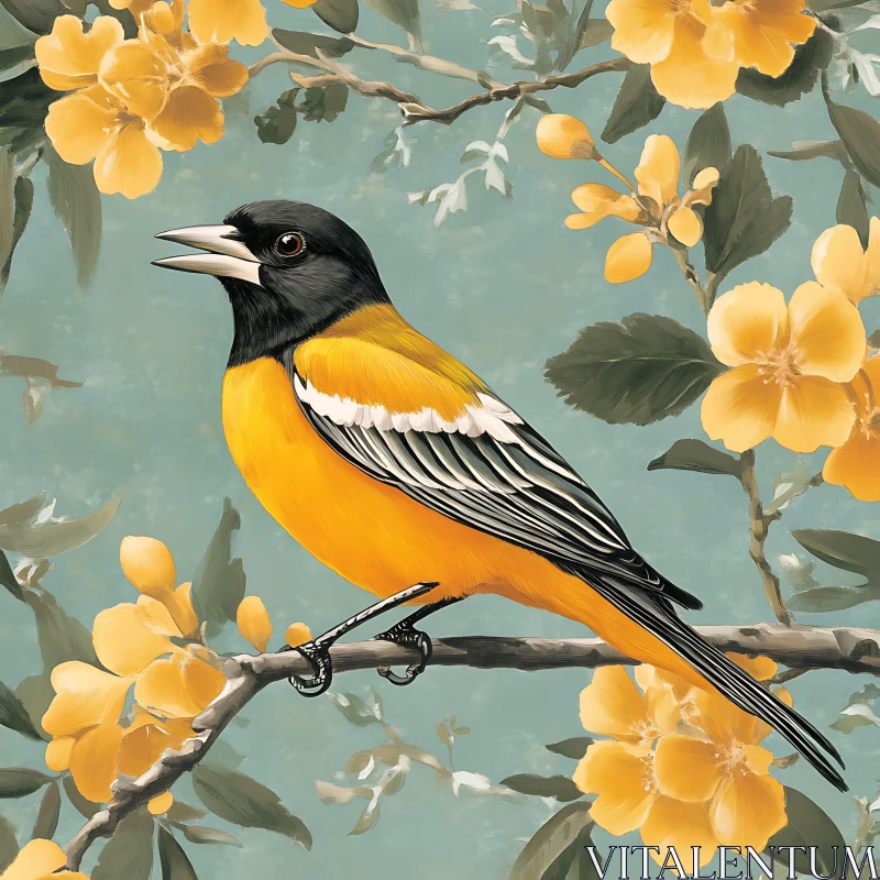 Vibrant Bird Among Yellow Flowers AI Image