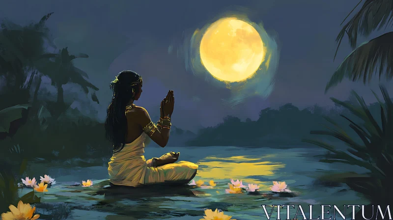 Woman Meditating Under Full Moon AI Image