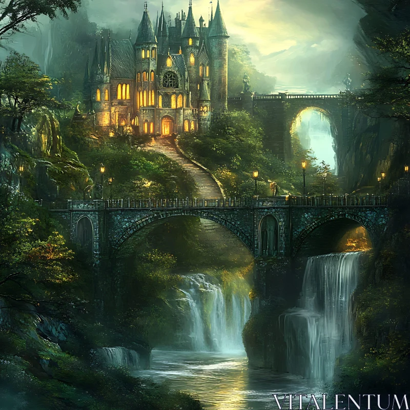 AI ART Fantasy Castle and Stone Bridges