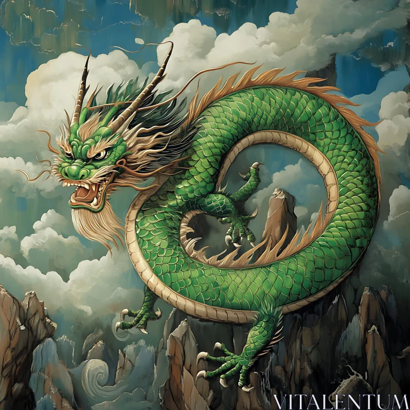 AI ART Emerald Dragon Above Rocky Landscape