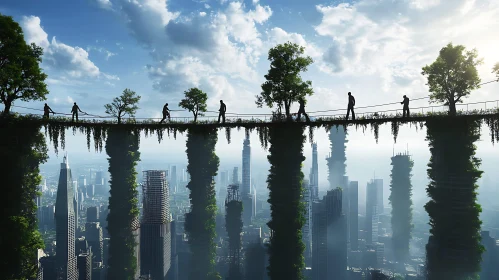 Overgrown City Ruins with Rope Bridge