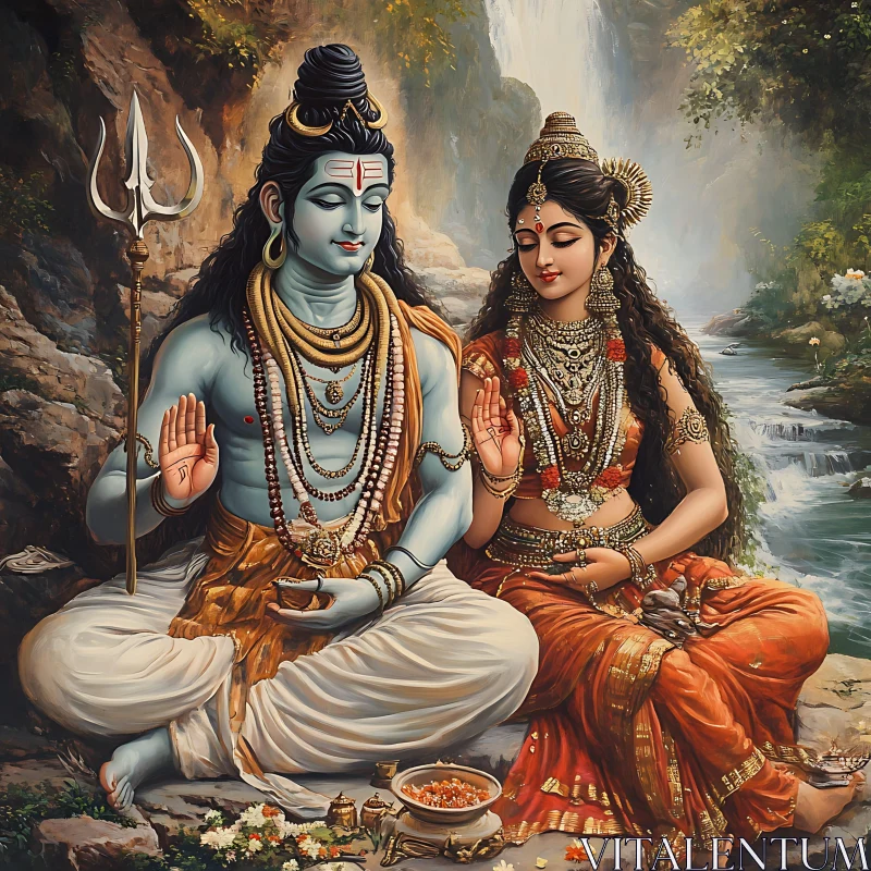 Meditative Shiva Parvati Near Waterfall AI Image