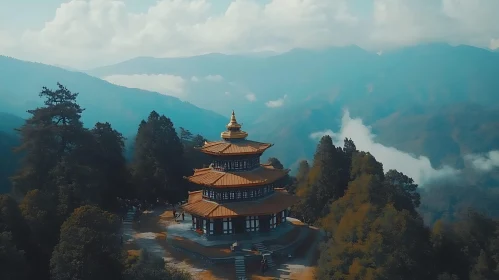 Asian Temple in Misty Landscape