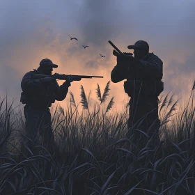 Silhouette of Hunters in Field