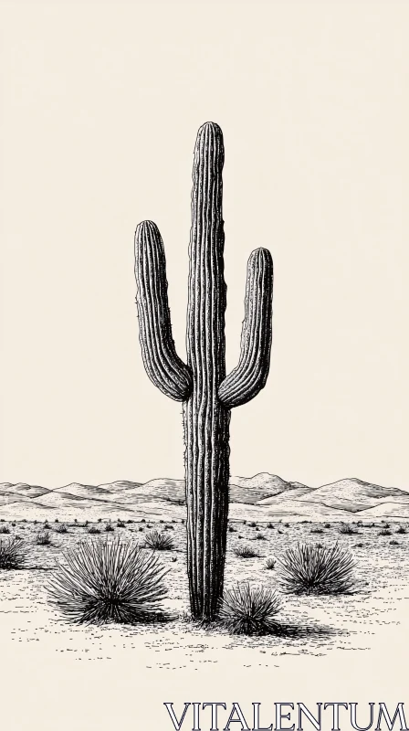 AI ART Monochrome Botanical Desert Scene with Cactus