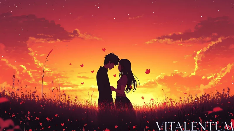 Silhouetted Lovers at Sunset AI Image