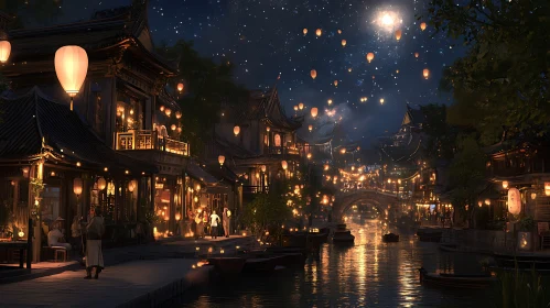 Nighttime River Town with Lanterns