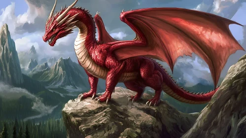 Crimson Dragon Perched on Mountain Ledge