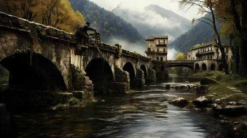 Ancient Stone Bridge in Mountainous Countryside - A Captivating Scene