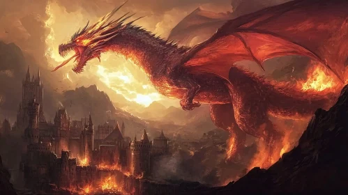 Fantasy Dragon Above Burning City