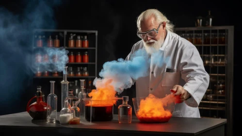 Captivating Artwork of an Older Scientist in a Lab with Smoke