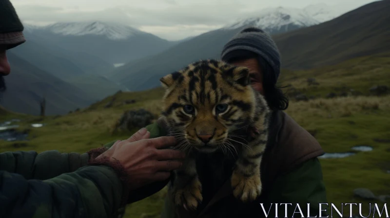 Captivating Encounter: A Man and a Tiger Cub in the Majestic Mountains AI Image