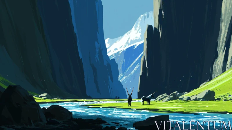 Captivating Landscape Painting of a Serene Valley with Snow-Covered Mountains AI Image