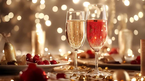 Golden and Red Champagne Flutes with Bokeh