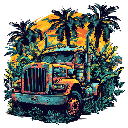 POD Design Colorful Cartoon Truck with Tropical Sunset for T-Shirt Design