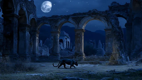 Moonlit Ruins and Shadowy Panther