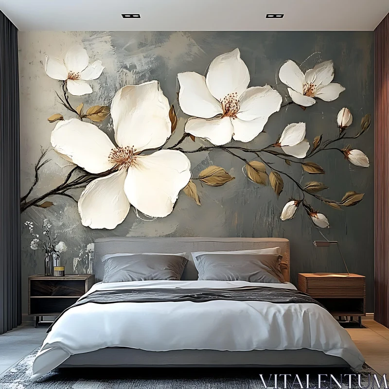 AI ART Modern Bedroom with Floral Wall Art