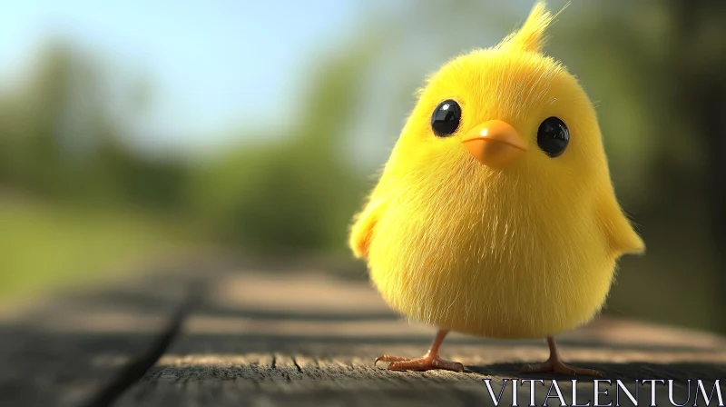 Fluffy Yellow Chick on Wooden Table AI Image