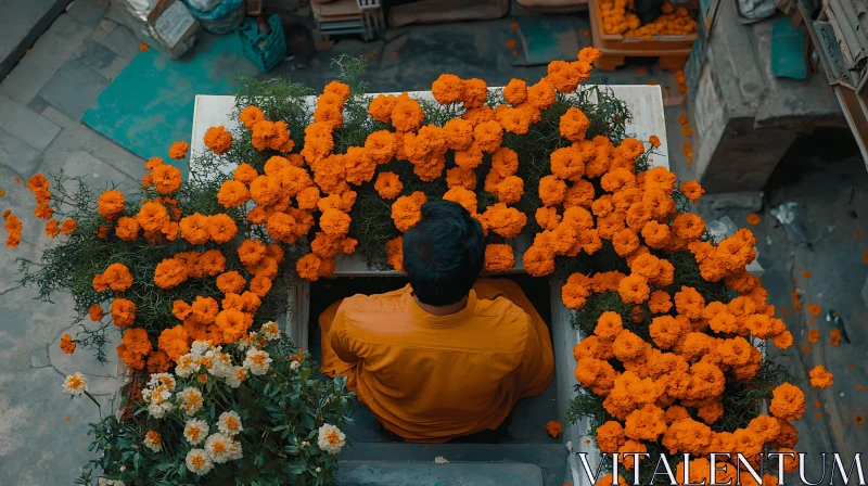 AI ART Person Amongst Marigolds: A Tranquil Moment