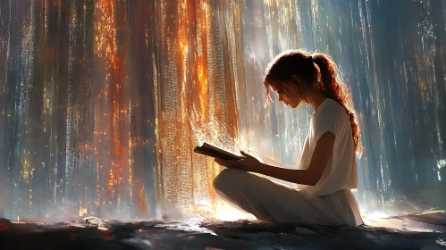 Woman Reading by a Waterfall of Light