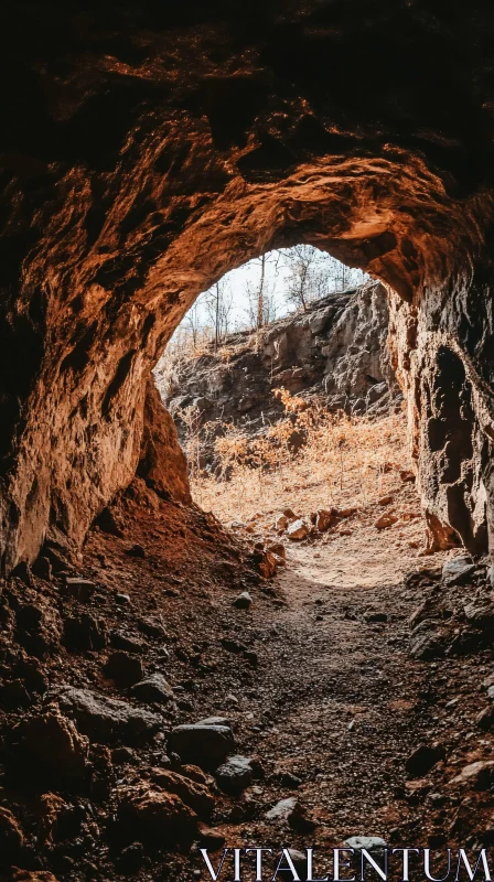 AI ART Cave Entrance: Rocky Shadows and Sunlit Landscape