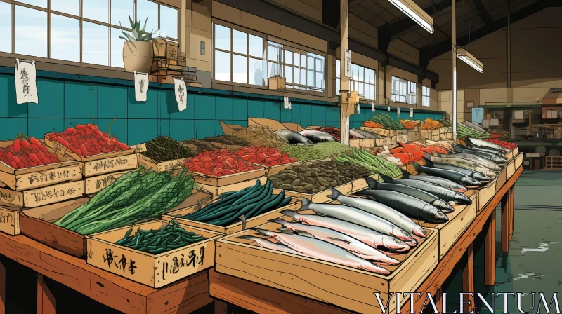 Graphic Novel Style Illustration of a Fish Market AI Image