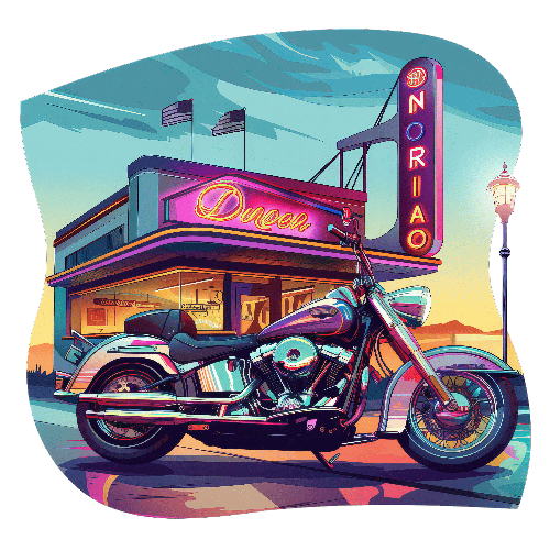 Harley-Davidson Motorcycle at Colorful Diner Sunset