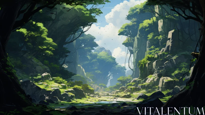 Mystical Forest Landscape Painting in Anime Art Style AI Image