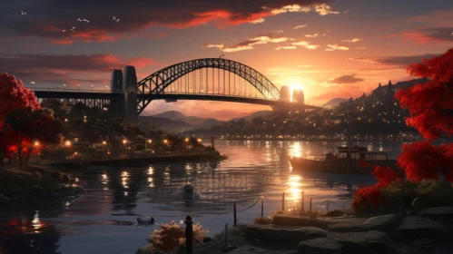 Serene City Sunset with Bridge - Captivating Harbor View