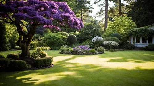 Timeless Elegance in an English Garden with a Purple Tree