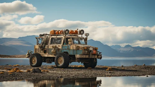 Vintage Offroad Vehicle Parked Near Alpine Lake | Post-Apocalyptic Dutch Marine Scenes