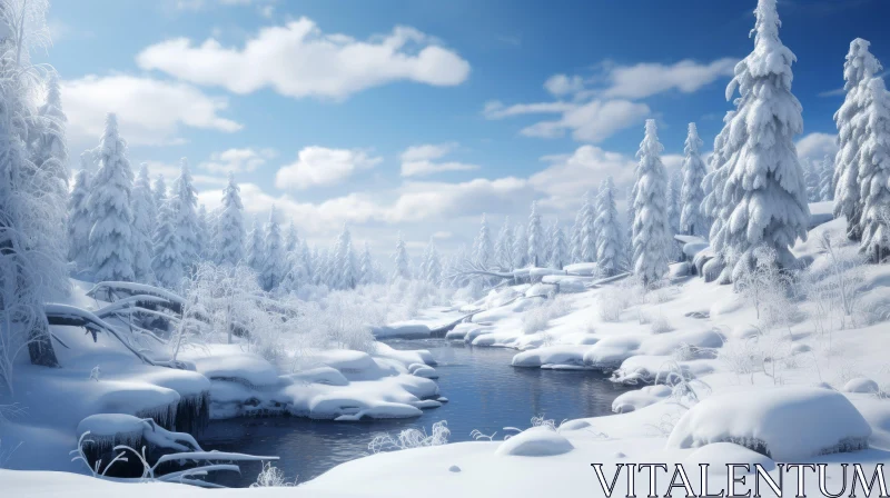 AI ART Winter Wonderland: Snow-Covered Trees and Stream