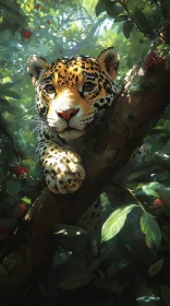 Leopard on Tree Branch Amidst Jungle