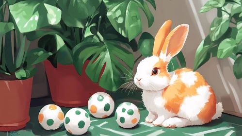 Bunny and Polka-Dot Balls in Lush Setting