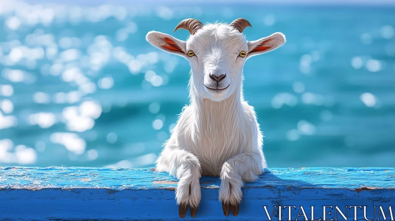 Curious Goat and Turquoise Waves AI Image